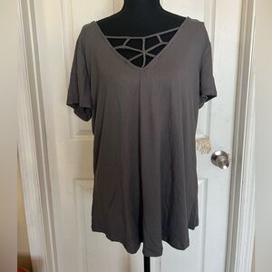 Absolutely Famous Crisscross V-Neck Short Sleeve Top - Charcoal Gray